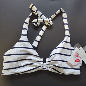 CALIA Women’s U-Bar Halter Bikini Top White Blue Striped Mesh XXL NWT